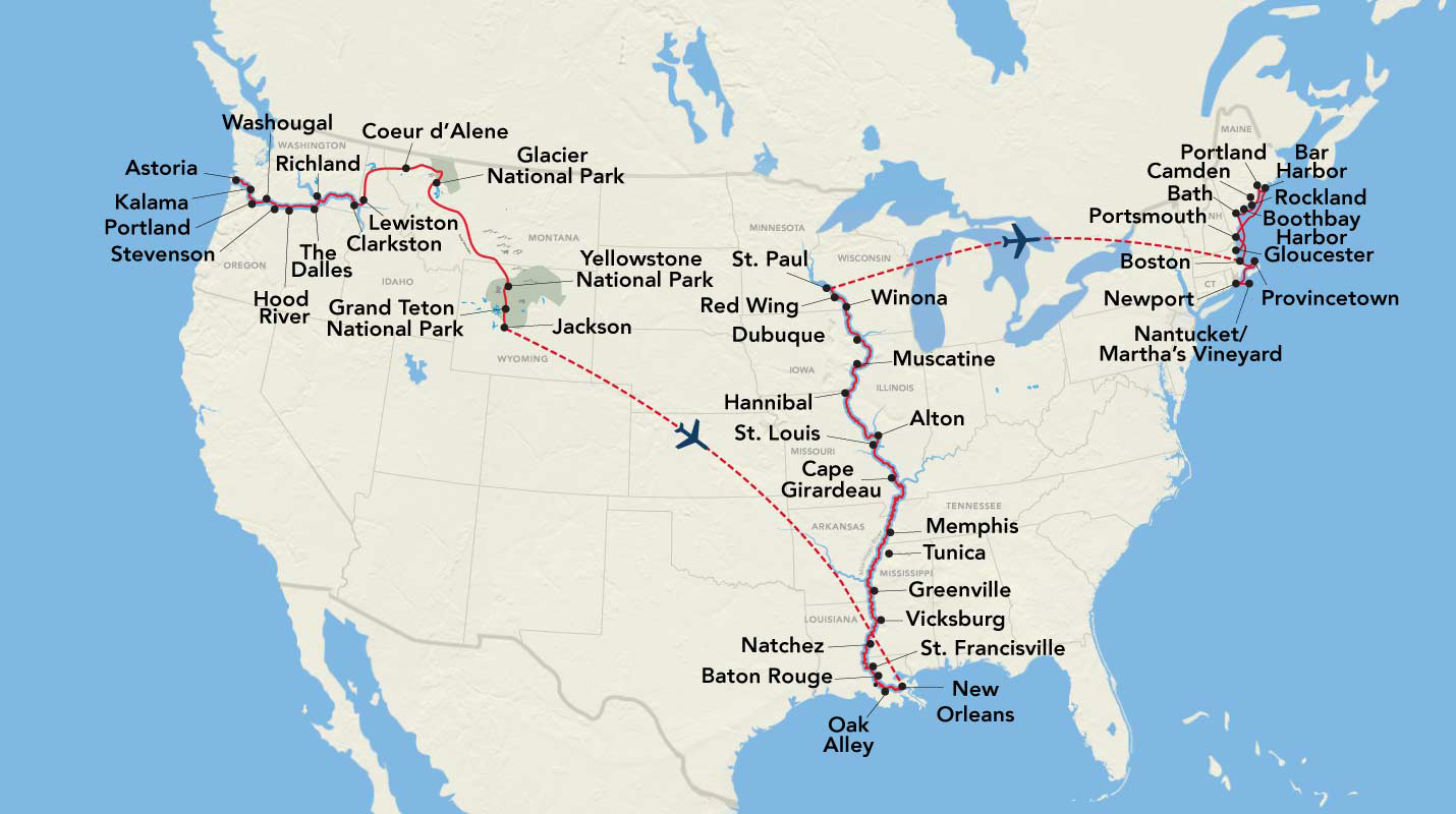 Map of American Cruise Lines Great United States 2026 itinerary showing Pacific Northwest, Mississippi River, and New England cruise segments with connecting flights